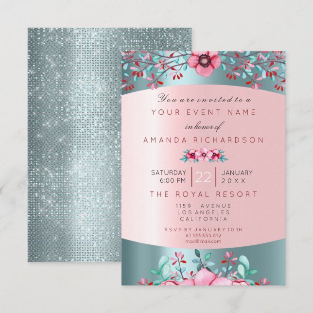 Invitation Anniversaire 16ème nuptiale Floral Rose Blue Water (Devant / Derrière)