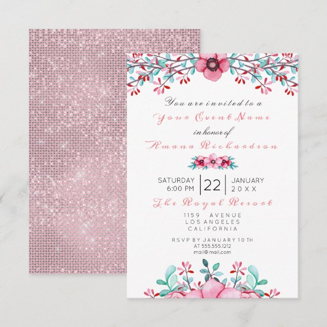 Invitation Anniversaire 16ème nuptiale florale rose bohème ét (Devant / Derrière)
