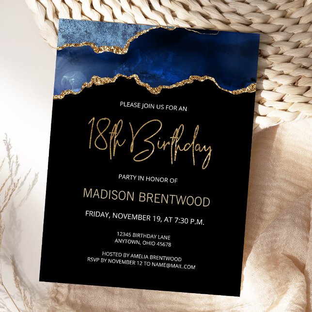 Invitation Anniversaire 18 ans Bleu Agate Or (Créateur téléchargé)