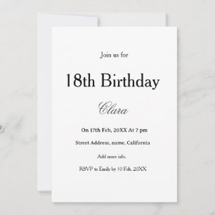 Invitation anniversaire 18 ans nom simple minimal noir blanc