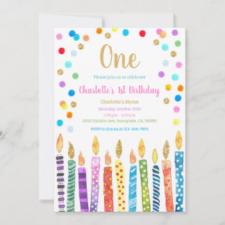 Invitation Anniversaire 1 an Confettis Arc-en-ciel Pastel