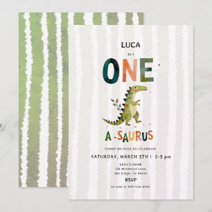 Invitation Anniversaire 1 an Dinosaur Oneasaurus Rayures Vert