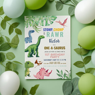 Invitation Anniversaire 1 an Dinosaure Coloré Mignon