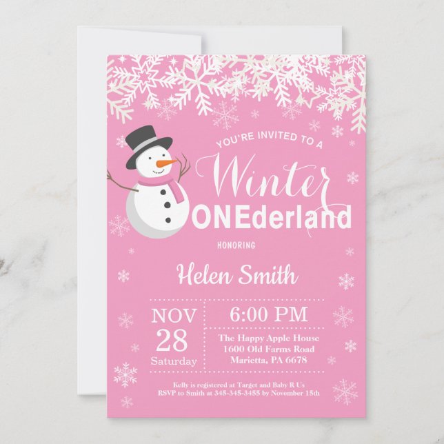 Invitation Anniversaire 1 an fille bonhomme de neige Onederla (Devant)