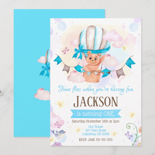 Invitation Anniversaire 1 an Montgolfière (Devant / Derrière)