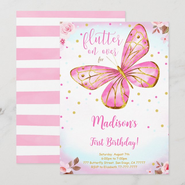 Invitation anniversaire 1ère année papillon aquare (Devant / Derrière)
