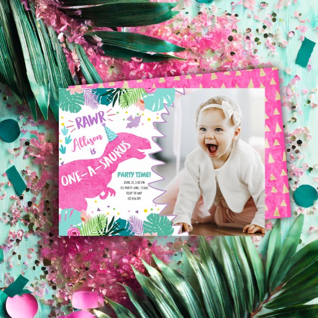 Invitation Anniversaire 1ère Première Fille Dinosaure Rose (Créateur téléchargé)
