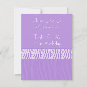 Invitation anniversaire 21 ans à motif zèbre viole