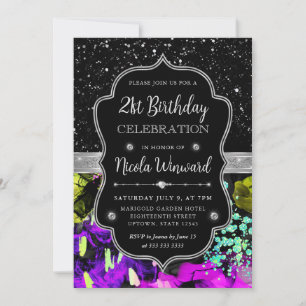 Invitation Anniversaire 21 Ans Abstrait Néon Pailleté Arc-en-