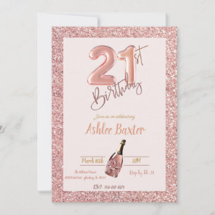 Invitation Anniversaire 21 ans Champagne Rose Paillettes Ros