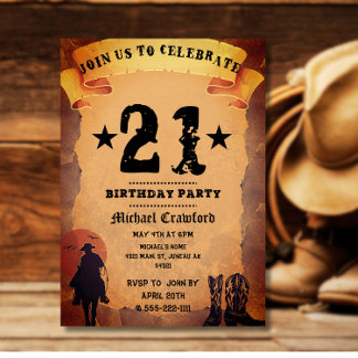 Invitation anniversaire 21 ans cowboy vieux papier cheval à c