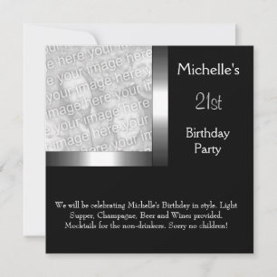 Invitation Anniversaire 21 ans élégant photo argent noir