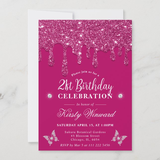 Invitation Anniversaire 21 ans élégant rose scintillant goutt (Devant)