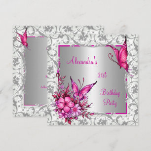 Invitation Anniversaire 21 ans floral rose papillon argent bl