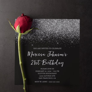 Invitation Anniversaire 21 ans Noir Paillettes Argentées Bril