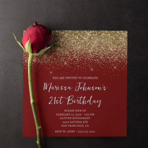 Invitation Anniversaire 21 ans or pailleté rouge profond bril