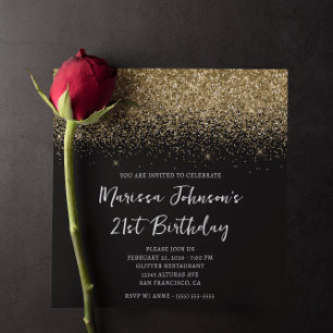 Invitation Anniversaire 21 ans paillettes or noir brillant