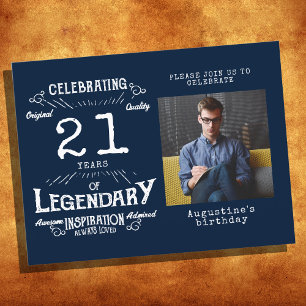 Invitation anniversaire 21 ans photo bleue vintage