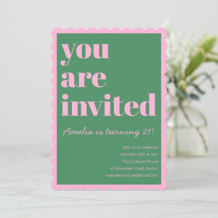 Invitation anniversaire 21 ans rose vert moderne à
