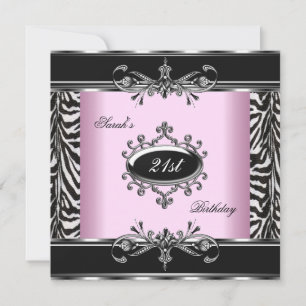 Invitation Anniversaire 21 ans Zèbre Noir Blanc Rose Argent