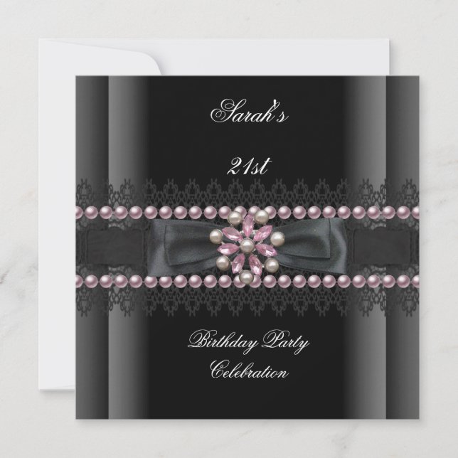 Invitation Anniversaire 21e Perle noire blanche rose (Devant)