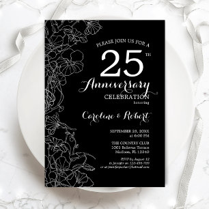 Invitation Anniversaire 25 ans Floral Noir Blanc