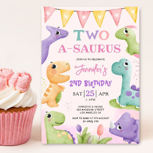 Invitation anniversaire 2 ans fille dinosaure rose