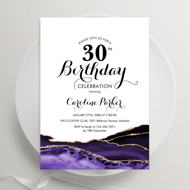 Invitation Anniversaire 30 ans Agate Blanc Violet Or (Créateur téléchargé)