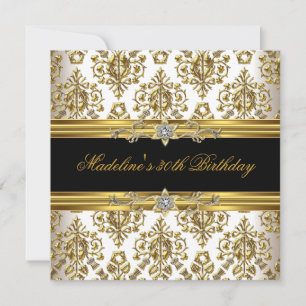 Invitation Anniversaire 30 ans Damassé Or Floral Noir crème b