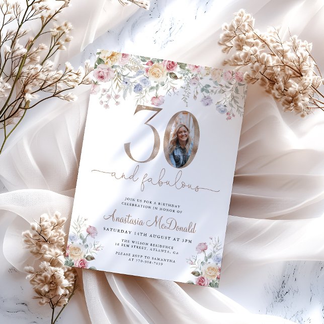 Invitation anniversaire 30 ans photo florale paste (Créateur téléchargé)
