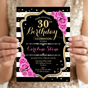 Invitation Anniversaire 30 Ans Rayures Roses Noire