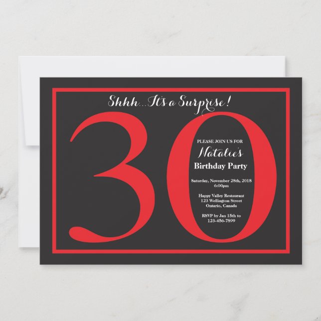 Invitation Anniversaire 30 ans surprise tableau noir rouge et (Devant)