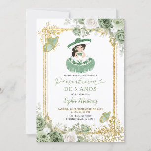 Invitation Anniversaire 3 ans fille espagnole vert sauge or