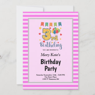 Invitation anniversaire 3 ans thème rayures roses