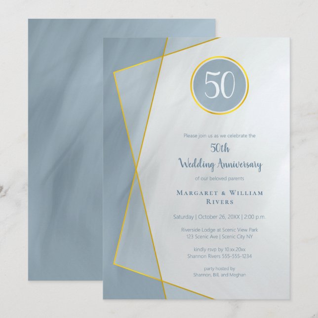 Invitation anniversaire 50 ans bleu poussiéreux avec cadre do (Devant / Derrière)