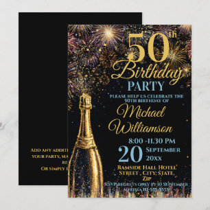 Invitation Anniversaire 50 ans Bulles Feux d'Artifice Or Bleu