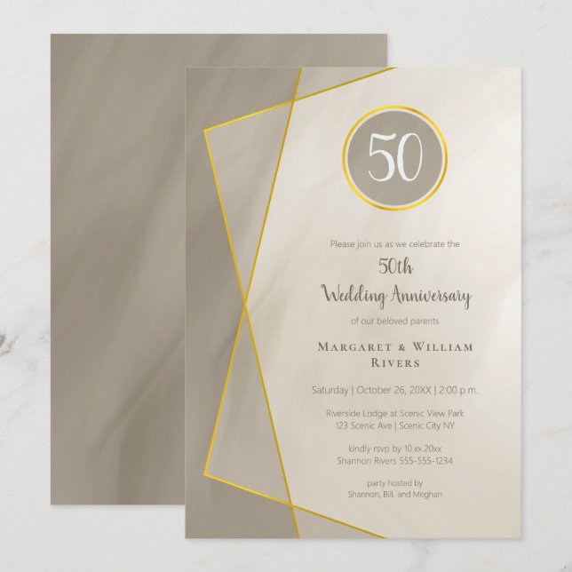 Invitation anniversaire 50 ans cadre gris antique or (Devant / Derrière)