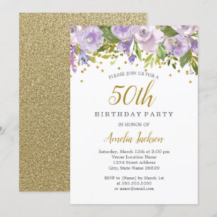 Invitation anniversaire 50 ans Floral Sparkle Viol