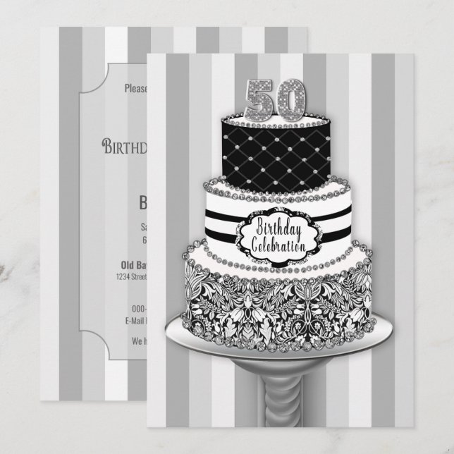 Invitation Anniversaire 50 ans, Gâteau à 3 étages (Devant / Derrière)