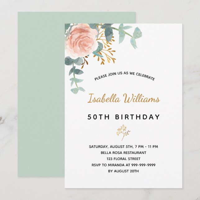 Invitation Anniversaire 50 eucalyptus rose or élégant (Devant / Derrière)