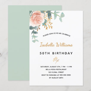 Invitation Anniversaire 50 eucalyptus rose or élégant