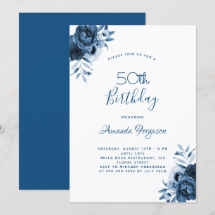 Invitation Anniversaire 50 fleurs bleues écriture blanche