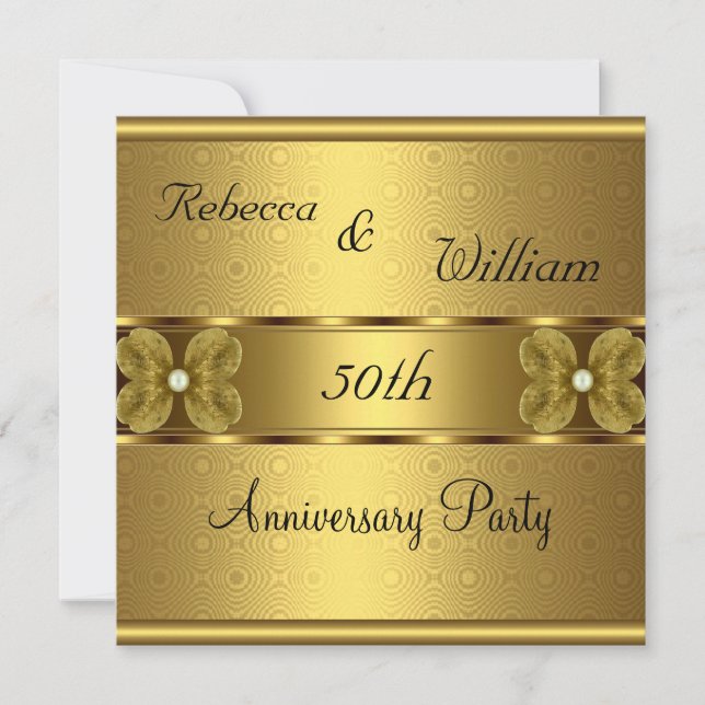 Invitation Anniversaire 50e Elégant Roll Gold Party Floral (Devant)