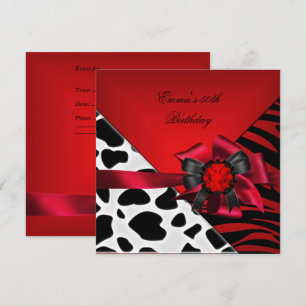 Invitation Anniversaire 50e Zebra Cow Rouge Noir Blanc