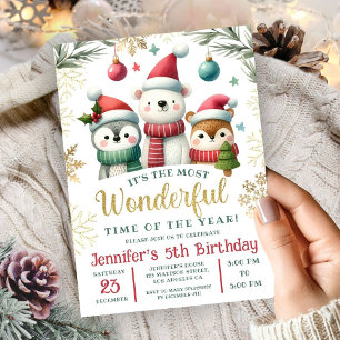 Invitation Anniversaire 5 ans Animaux de neige Bohème Hiver