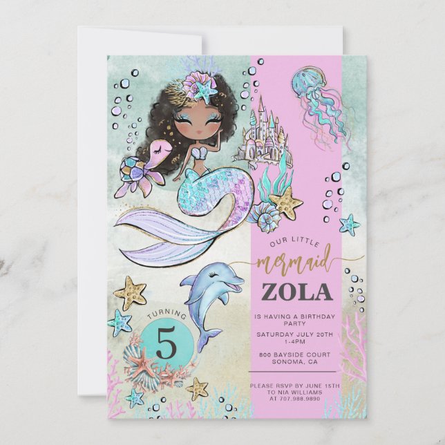 Invitation Anniversaire 5 ans Mermaid Editable Under The Sea  (Devant)