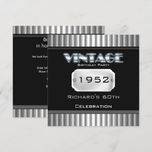 Invitation Anniversaire 60 ans Chrome Argent Noir Vintage Fêt