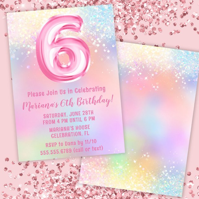 Invitation Anniversaire 6 ans Arc-en-ciel rose (Créateur téléchargé)