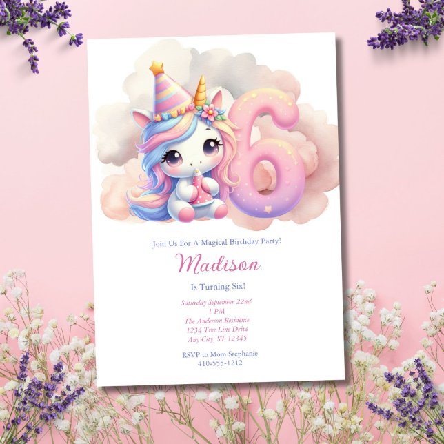 Invitation Anniversaire 6ème Sixième Licorne Fille Rose Bleu  (Unicorn 6th Sixth Birthday Party Invitation for Girl. Digital Download or Printed)