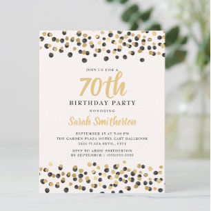 Invitation Anniversaire 70 ans blanc noir or confettis paille